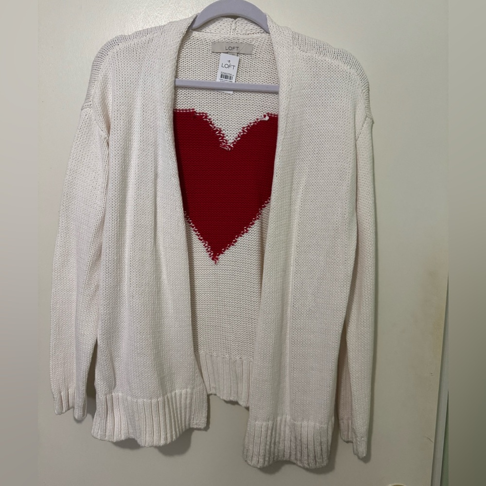 LOFT Cream and Red Knit Cardigan